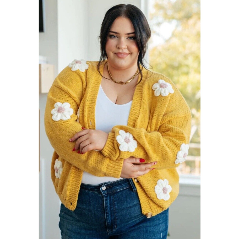 NWT You Are Enough Floral Chunky Daisy Cardigan Yellow size XL